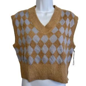 Sincerely Jules Soft Fuzzy‎ Tan Light Blue Argyle Cropped Sweater Vest Sz XS NWT